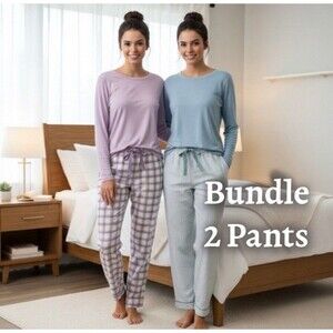 State of Day Women’s Pajama Pants Bundle Large Plaid Lavender & Mint Stripe NWT